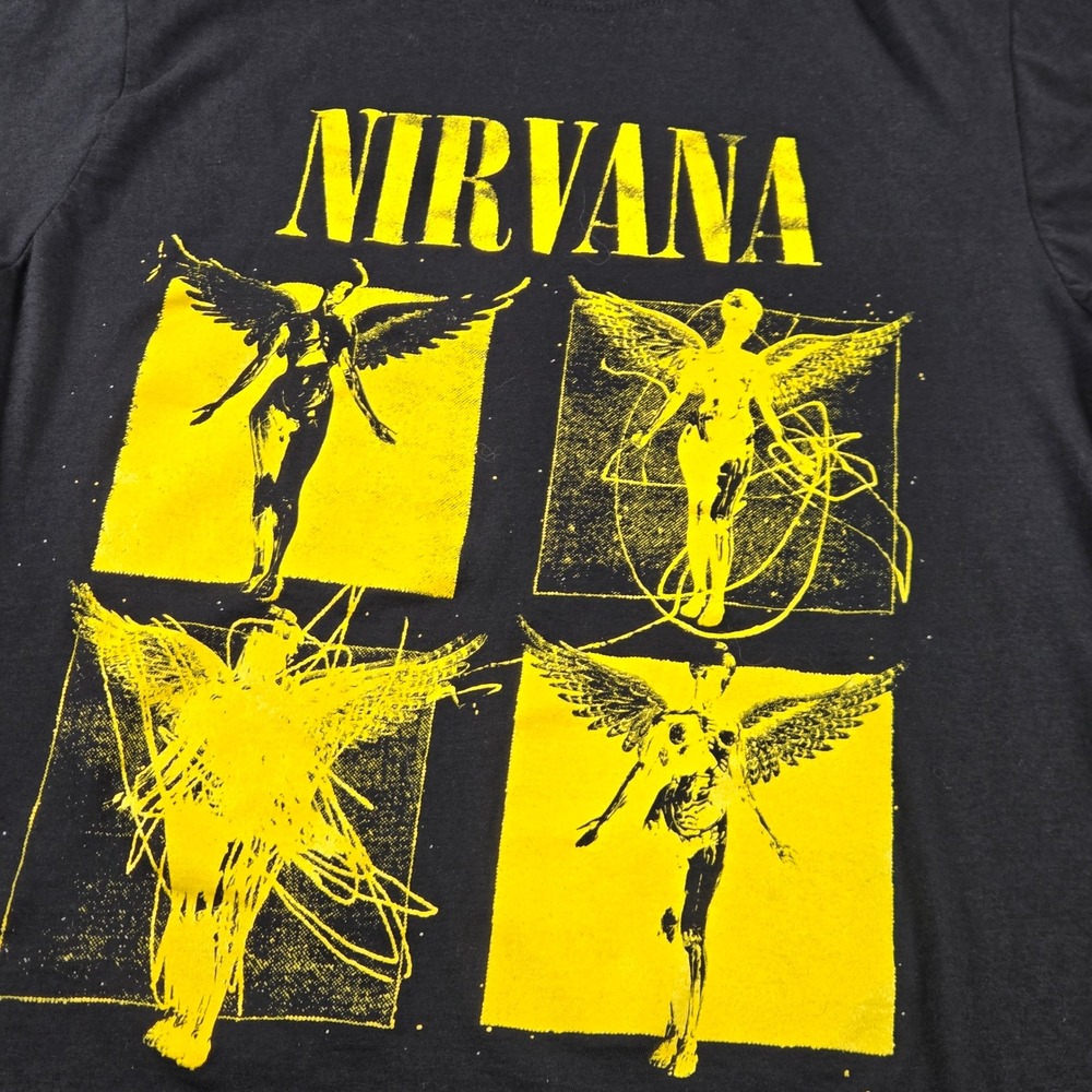 Nirvana Graphic T-Shirt Mens Medium Black Yellow In Utero Angel Rock Band Tee